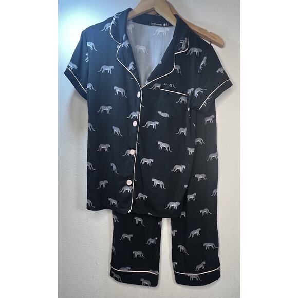 Tart Intimates Pink Trim Cheetah Pajamas Black Animal Size Small Button Top - Picture 1 of 13